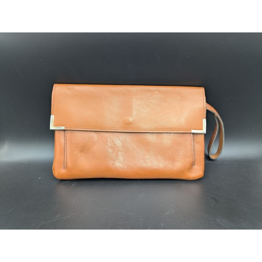 Vintage Tan Genuine Leather Clutch Wristlet 2 Compartment 10" X 7" Large